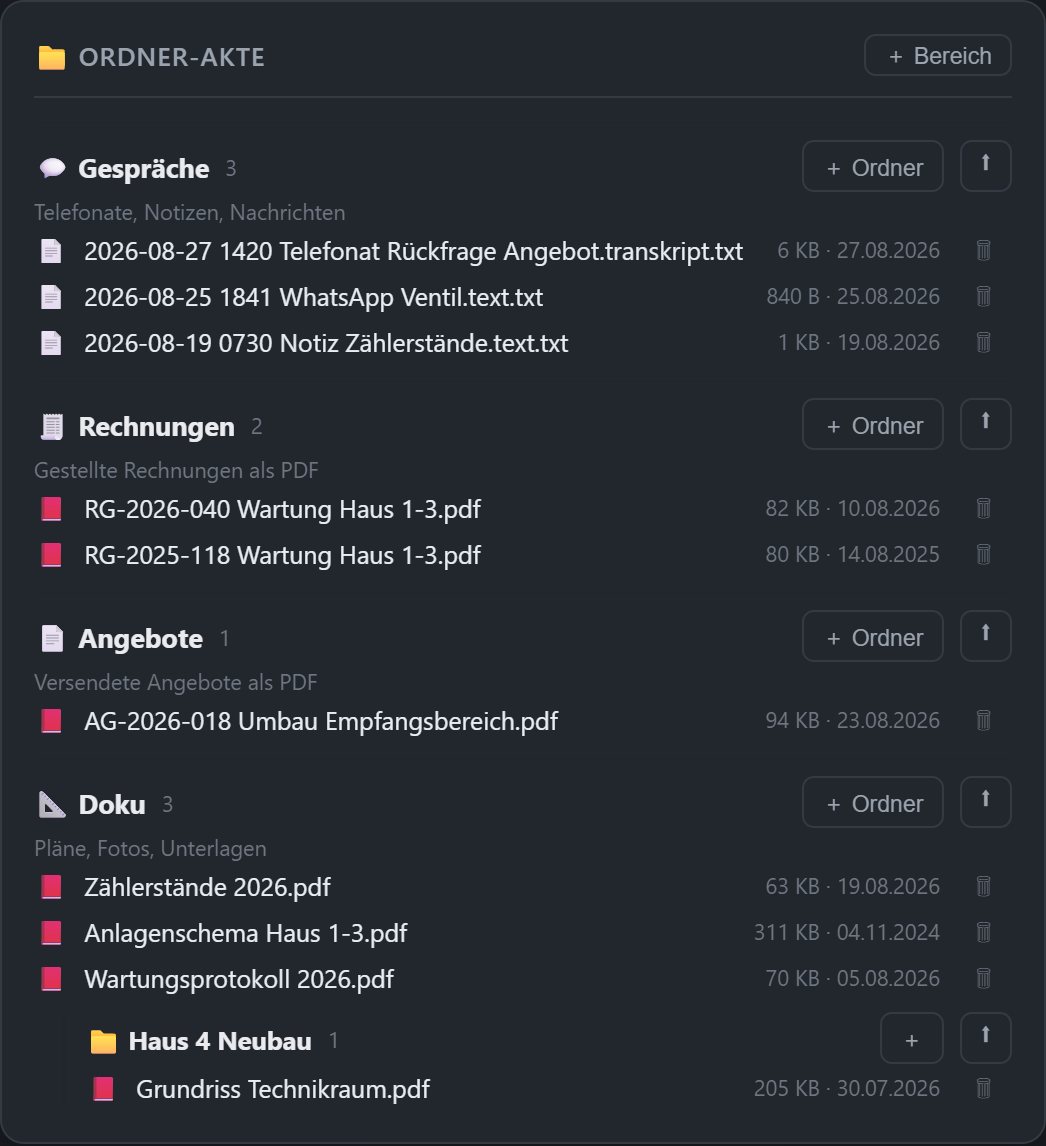 Die Bereiche einer Kundenakte: Gespräche, Rechnungen, Angebote, Dokumente und Projekte als Ordner mit den darin liegenden Dateien