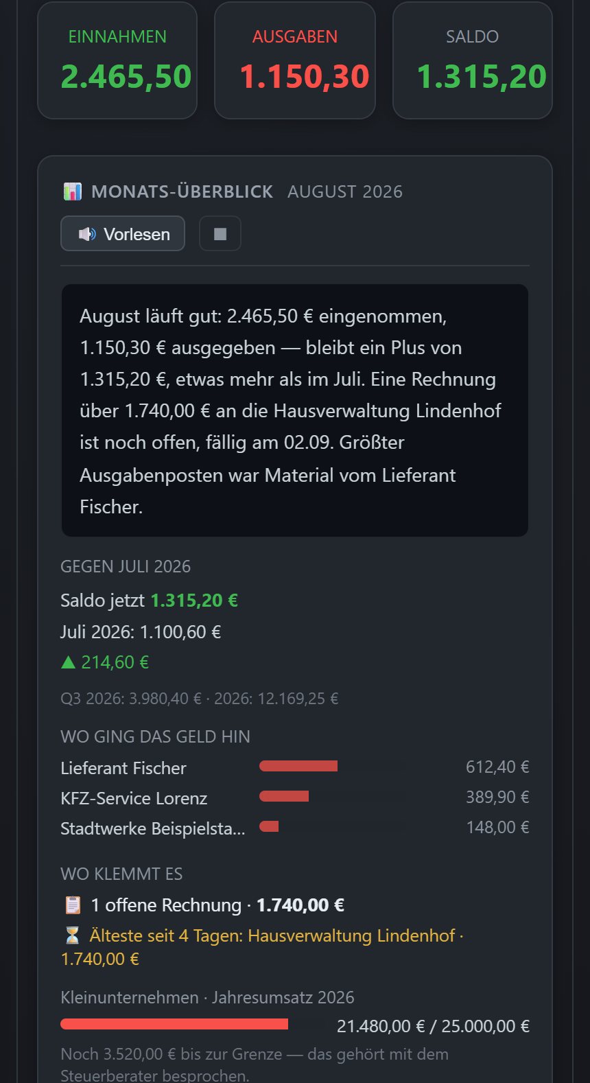 Die Buchhaltung in der App: Einnahmen, Ausgaben, Saldo und der Monatsüberblick im Klartext