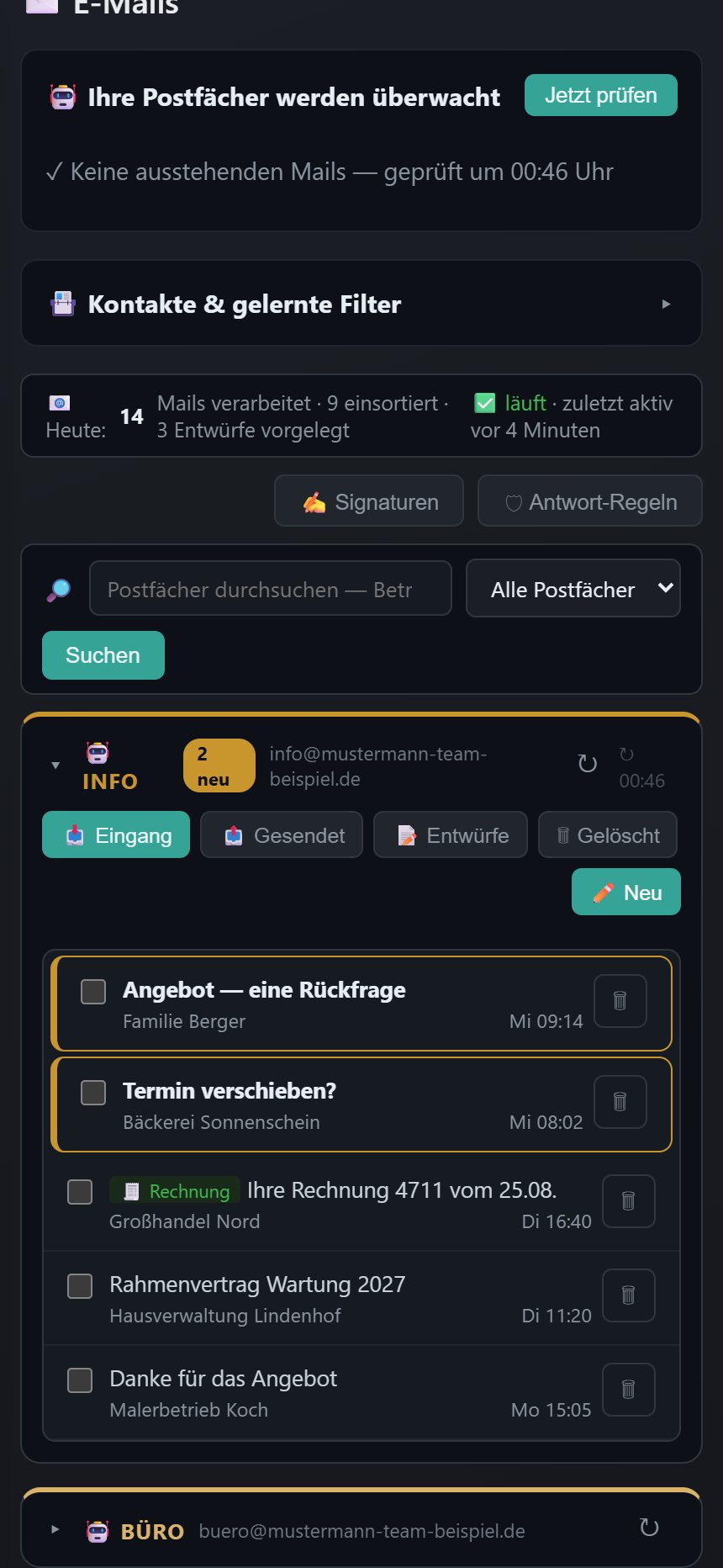 Der Posteingang in der App: einsortierte Nachrichten, neue hervorgehoben, Rechnungen erkannt