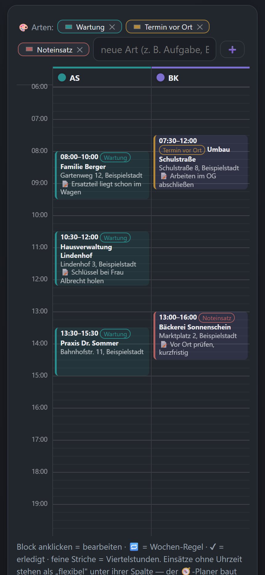 Der Tagesplan zweier Mitarbeiter mit Uhrzeit, Kunde, Adresse und Notiz je Einsatz