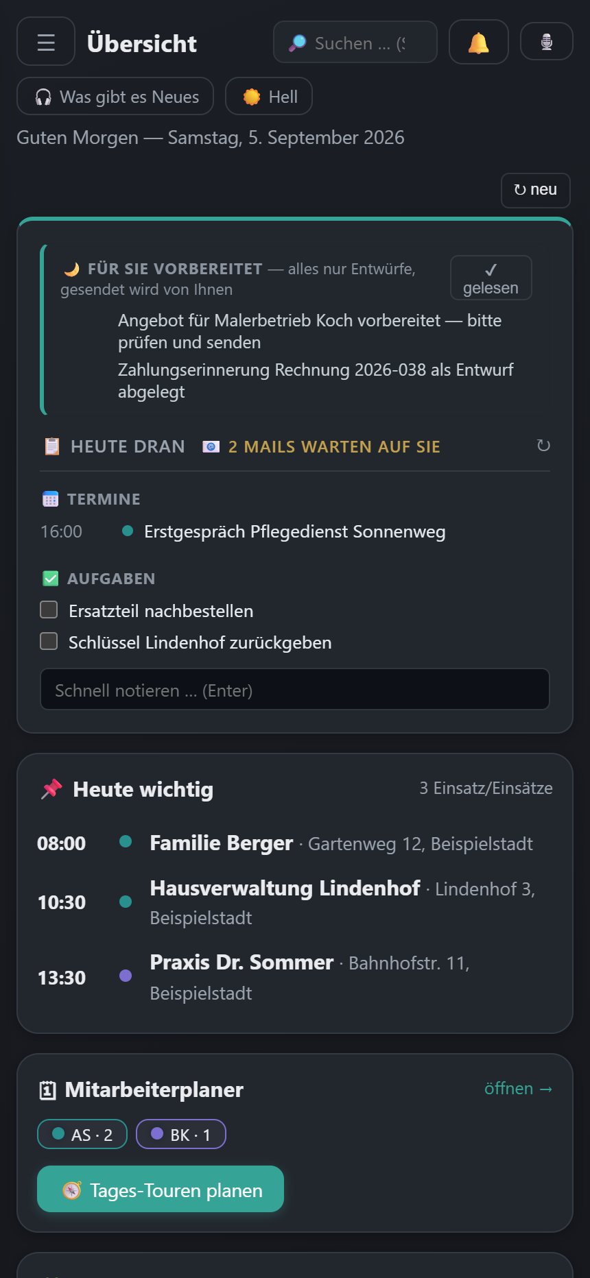 Die Startseite der App: vorbereitete Entwürfe, wartende Mails, Termine und Aufgaben des Tages