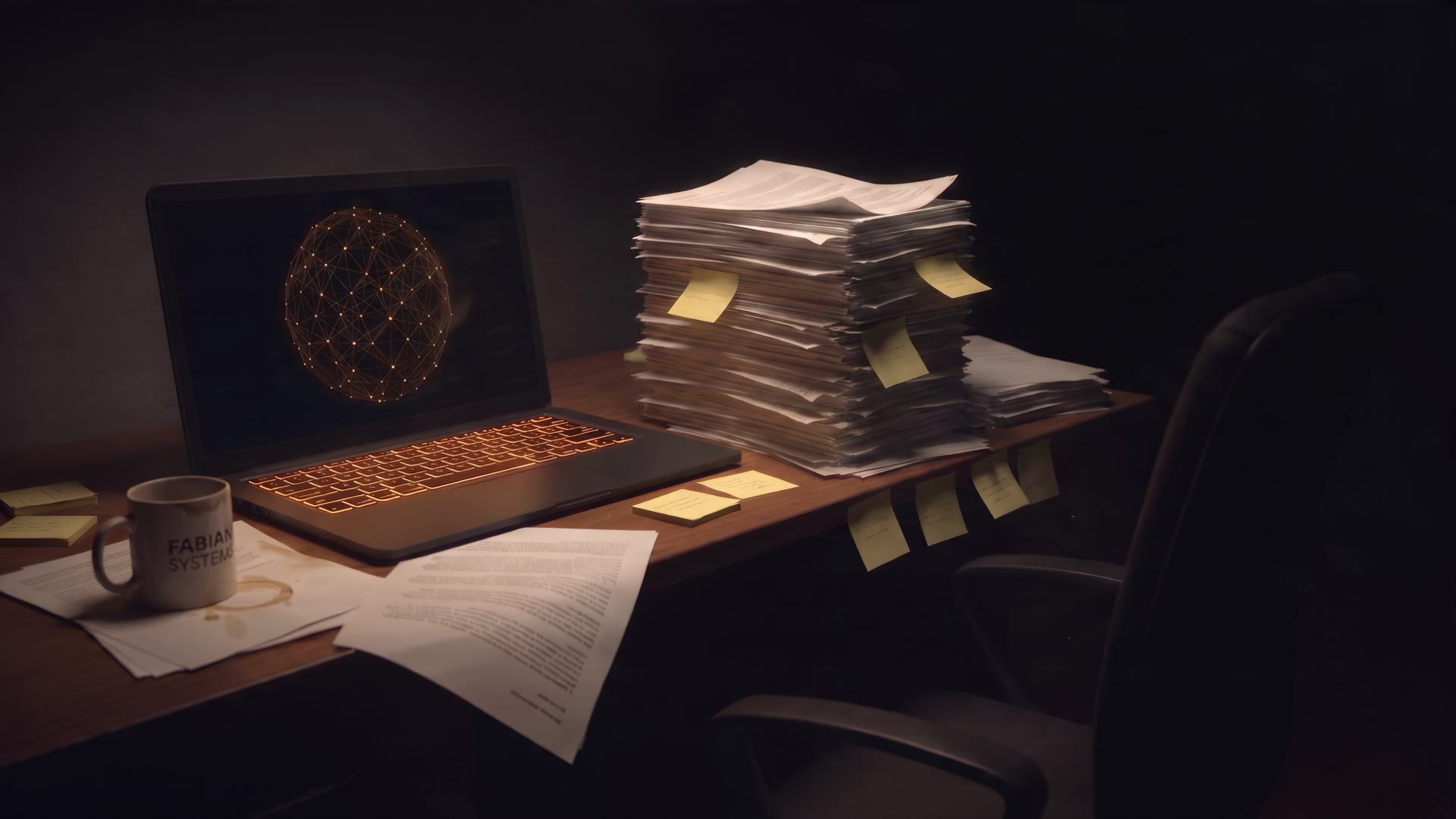 Ein Schreibtisch spät am Abend: ein aufgeklappter Laptop, daneben ein hoher Stapel Papier mit Haftnotizen, eine halb leere Tasse.