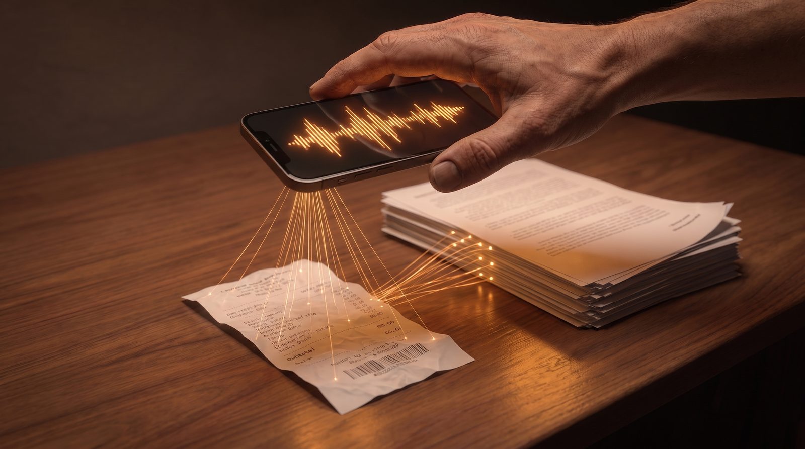 Eine Hand hält ein Handy mit Sprachnachricht über einem Schreibtisch — aus einem zerknitterten Beleg wird ein ordentlicher Papierstapel