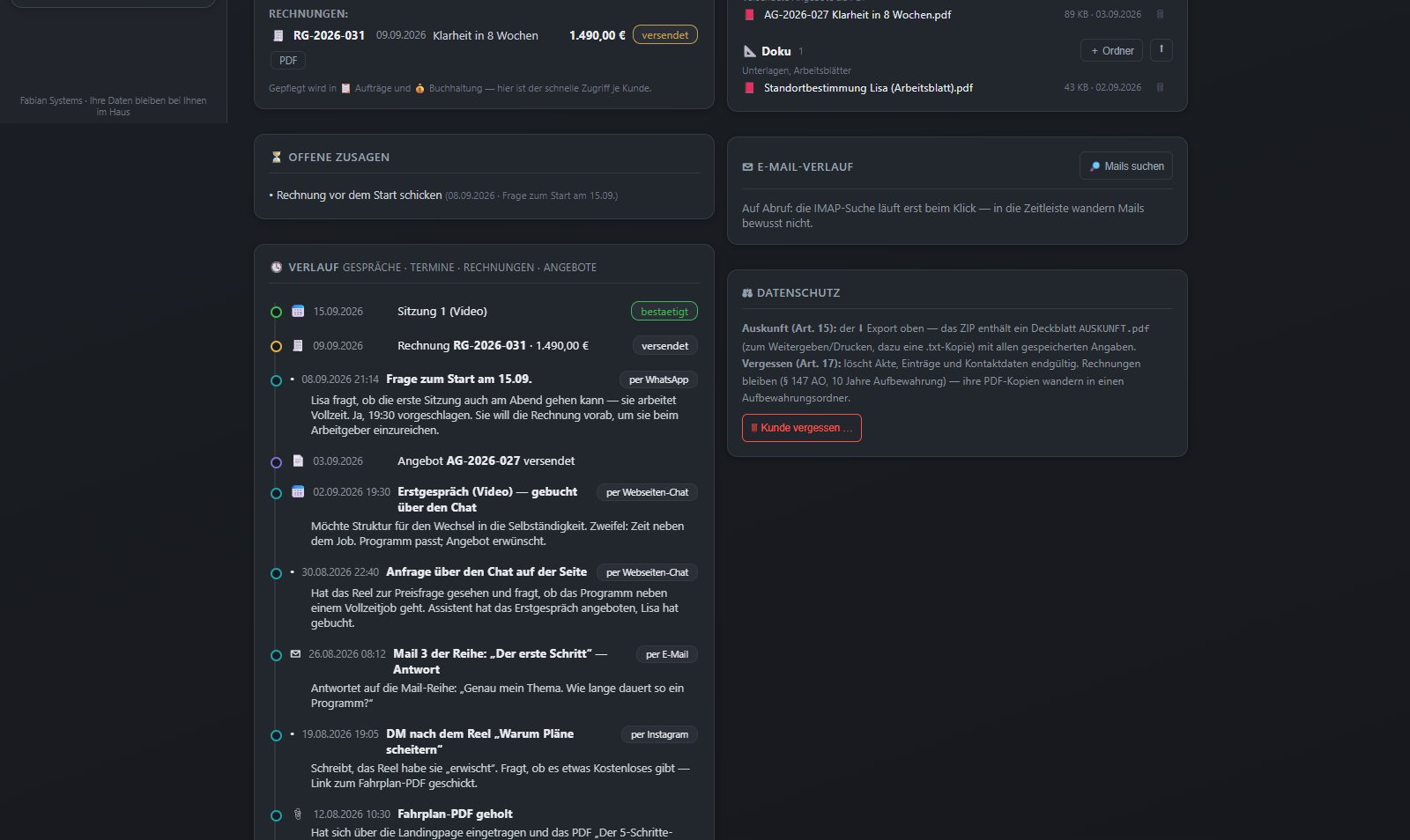 Der Verlauf einer Kundenakte als Zeitstrahl: Einträge aus Instagram, dem Chat auf der Seite, WhatsApp und Mail, jeder mit dem Kanal gekennzeichnet, über den er hereinkam — dazu die offenen Zusagen