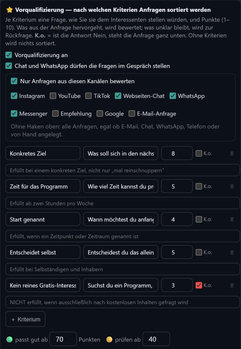Die Einstellungen der Vorqualifizierung: fünf Kriterien mit Frage, Punkten und Ausschluss-Haken, darüber die angehakten Kanäle Instagram, Chat, WhatsApp und Messenger
